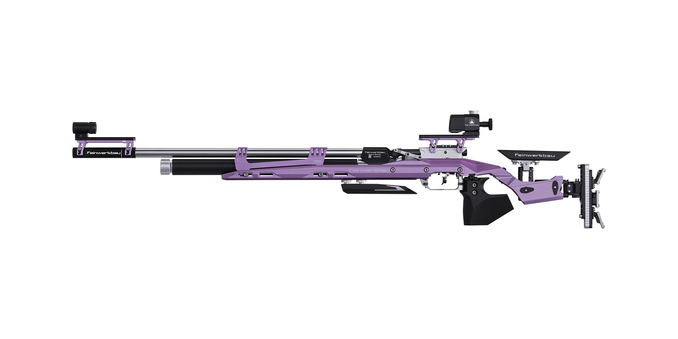 FEINWERKBAU MODEL 900 ALU, COCKING LEVER RIGHT, HANDREST BLACK ANODISED, CHEEK PIECEE & GRIP BEECH WOOD W/ GRIP LACQUER BLACK, GRIP RIGHT SIZE M, "VIOLET BRIGHT" COLOUR, FEINWERKBAU DIOPTER AND FRONT SIGHT CAL.45.MM/.177 - Image 2