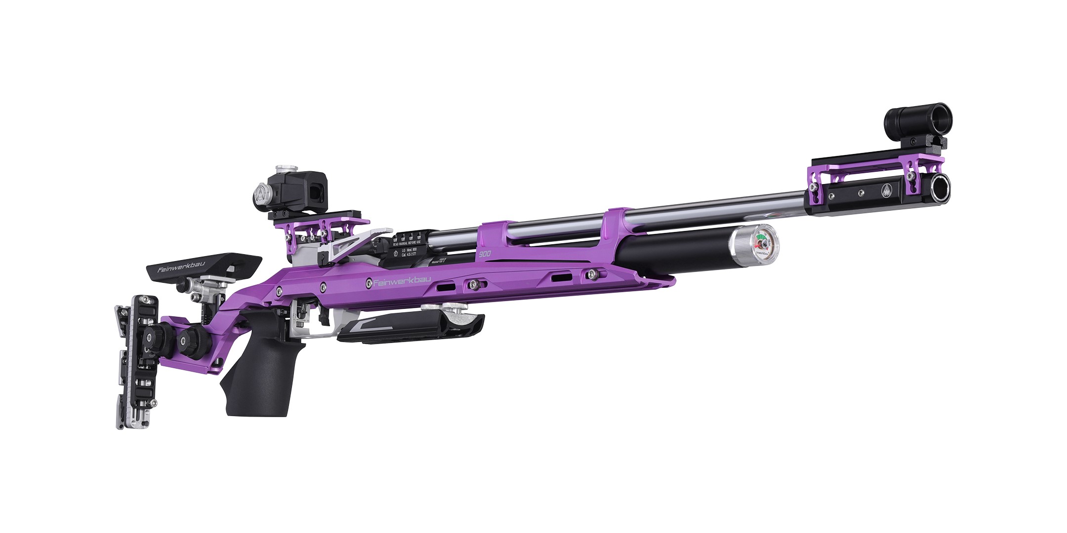 FEINWERKBAU MODEL 900 ALU, COCKING LEVER RIGHT, HANDREST BLACK ANODISED, CHEEK PIECEE & GRIP BEECH WOOD W/ GRIP LACQUER BLACK, GRIP RIGHT SIZE M, "VIOLET BRIGHT" COLOUR, FEINWERKBAU DIOPTER AND FRONT SIGHT CAL.45.MM/.177 - Image 3