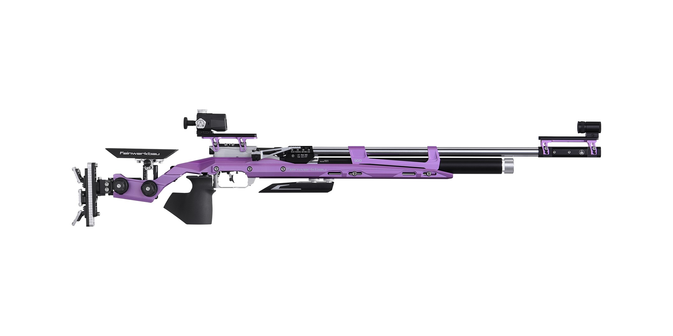 FEINWERKBAU MODEL 900 ALU, COCKING LEVER RIGHT, HANDREST BLACK ANODISED, CHEEK PIECEE & GRIP BEECH WOOD W/ GRIP LACQUER BLACK, GRIP RIGHT SIZE M, "VIOLET BRIGHT" COLOUR, FEINWERKBAU DIOPTER AND FRONT SIGHT CAL.45.MM/.177