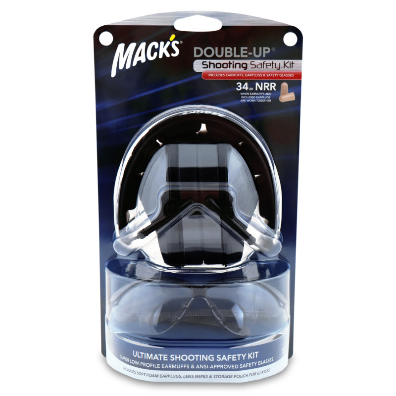 MCKEON – MACKS DOUBLE-UP LOW PROFILE EARMUFF SHOOTING SAFETY KIT BLACK 34DB NRR WITH SAFETY GLASSES
