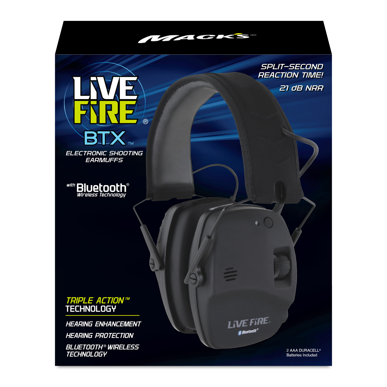 MCKEON - MACKS LIVE FIRE BTX ELECTRONIC SHOOTING EARMUFFS 21DB NRR WITH BLUETOOTH WIRELESS TECHNOLOGY - 4200