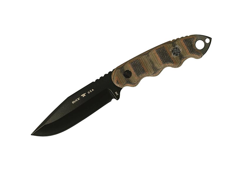 BUCK KNIVES MWG, BLACK GREEN TAN LINEN MICARTA HDL, PWDER COATED BLD-0245MCSMWG-B