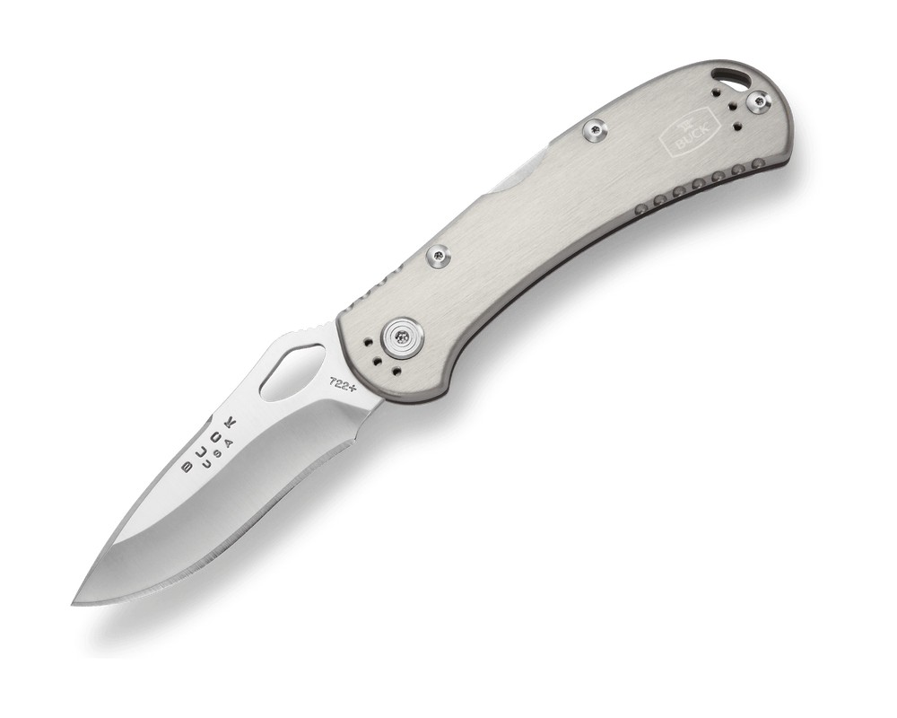 BUCK KNIVES SPITFIRE, ALUMINUM ANODIZED GRAY HANDLE/GREEN LINER, BOX – 0722GYS1-B