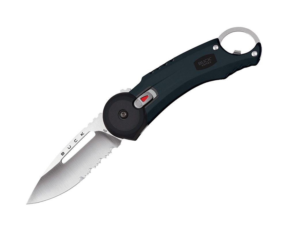 BUCK KNIFE 750 REDPOINT BUTTON LOCK KNIFE BLACK RUBBER/PLASTIC HANDLE PARTIAL SERRATED BOX (2.75″ SATIN SERR) – 0750BKX-B