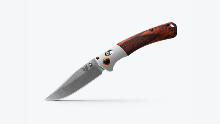 BENCHMADE CROOKED RIVER, AXIS FOLDER, STUD,CLIP POINT, GRAY ALUMINUM & WOOD HANDLE - 15080-2