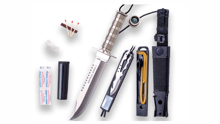 JOKER BATTLE KING I SURVIVAL KNIFE. ALUMINUM HAND AND 20.5 CM BLADE. INCLUDES SURVIVAL KIT. NYLON AND PVC SHEATH- JKR-602