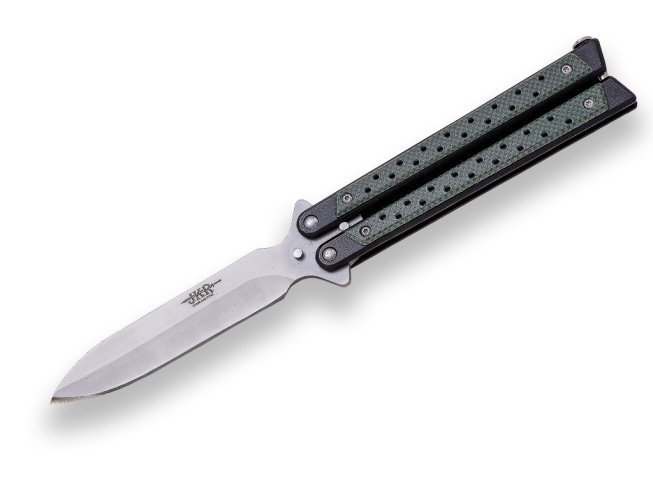 JOKER BUTTERFLY KNIFE, ALUM HANDLE FAUX CARBON FIBER PRINTS SCALE- JKR0642