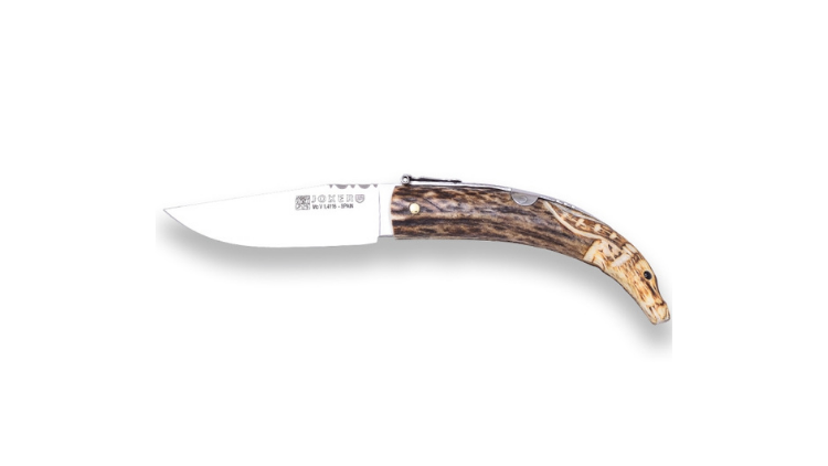 JOKER ANTLER TIP HAND CARVED HANDLE, BLADE LENGTH 8 CM, JOKER FOLDING KNIFE. CASE INCLUDED- NC141