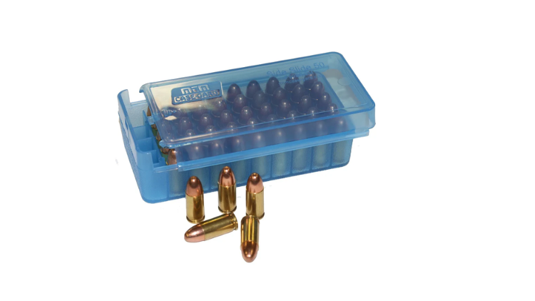 MTM 50-ROUND SIDE SLIDE PISTOL AMMO BOX BLUE - P50SS-9M-24