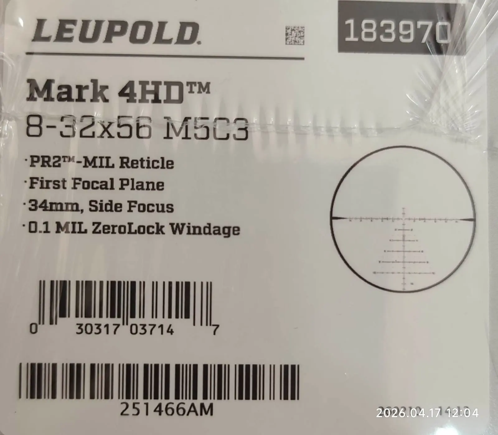 LEUPOLD MARK 4HD 8-32×56 M5C3 (34MM) FFP PR2-MIL ZEROLOCK E/W – 183970